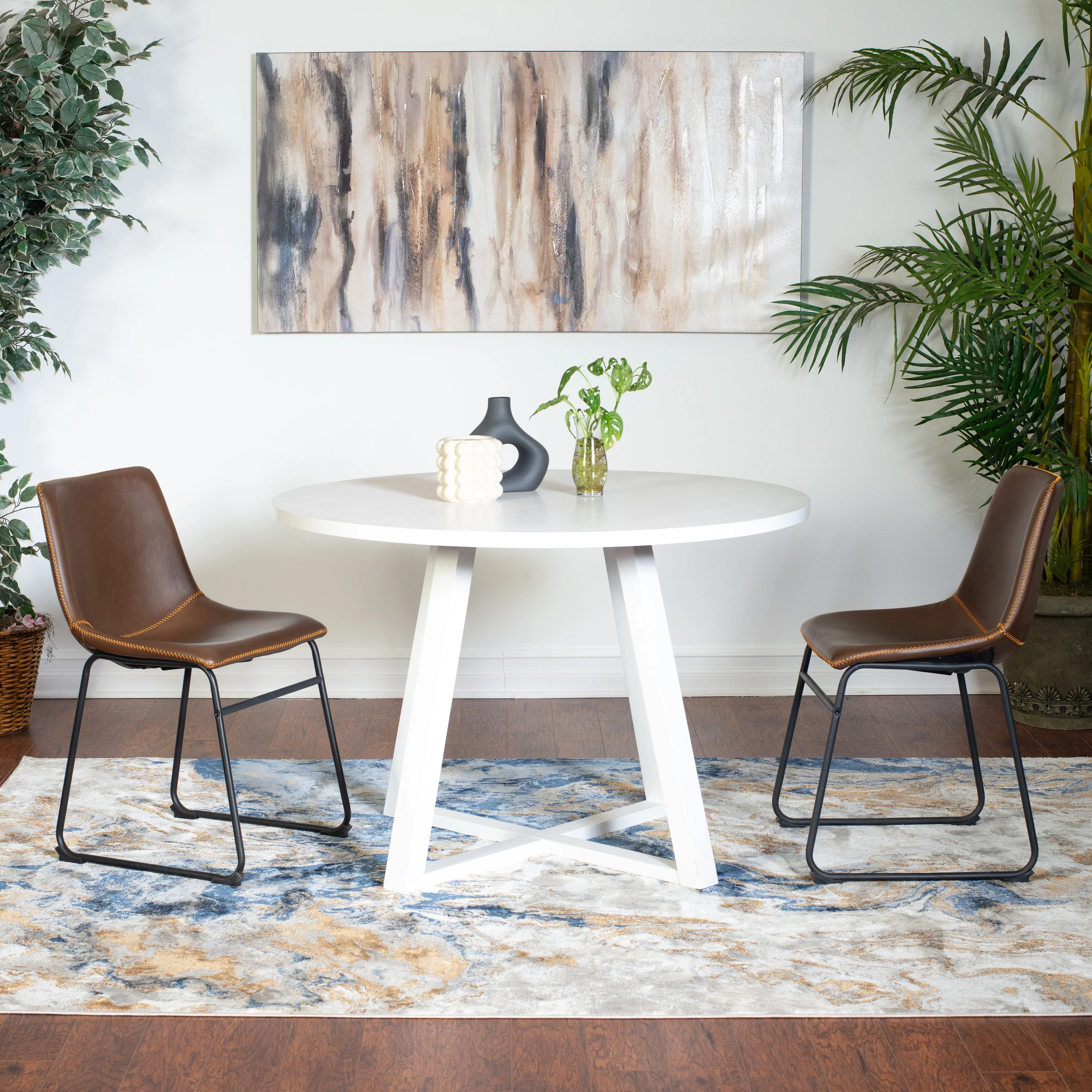 3 Piece Round Dining Set, Trestle Dining Table with 2 Stylish Chairs