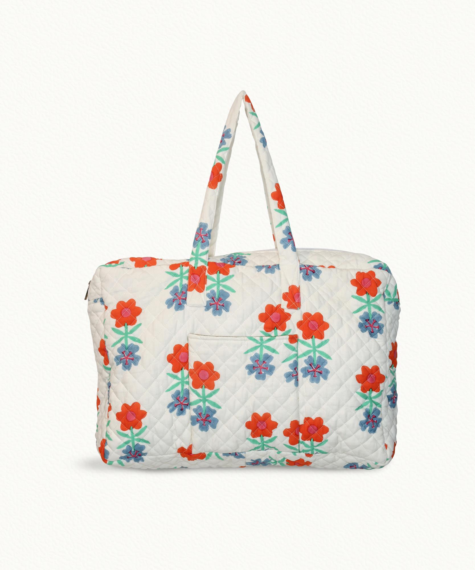 Sac en piqué de coton matelassé blanc imprimé Fleur Double - 100% coton