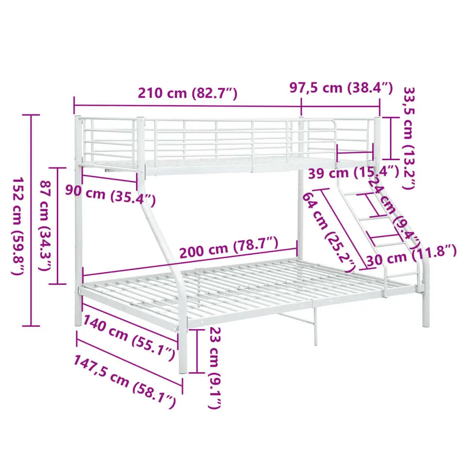 vidaXL - Stapelbed met latten - Wit - Metaal - 140x200 cm/90x200 cm