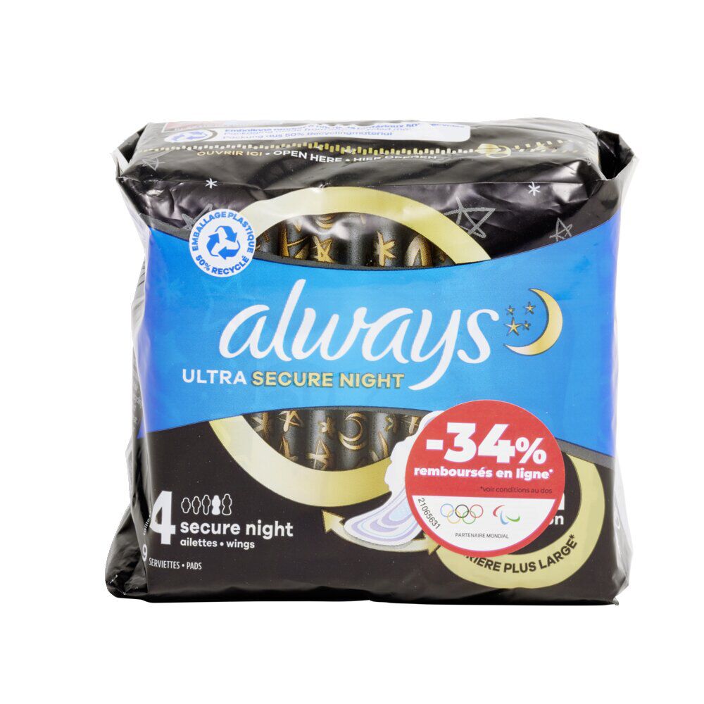 Serviette hygiénique x9 avec ailettes Always ultra secure nuit