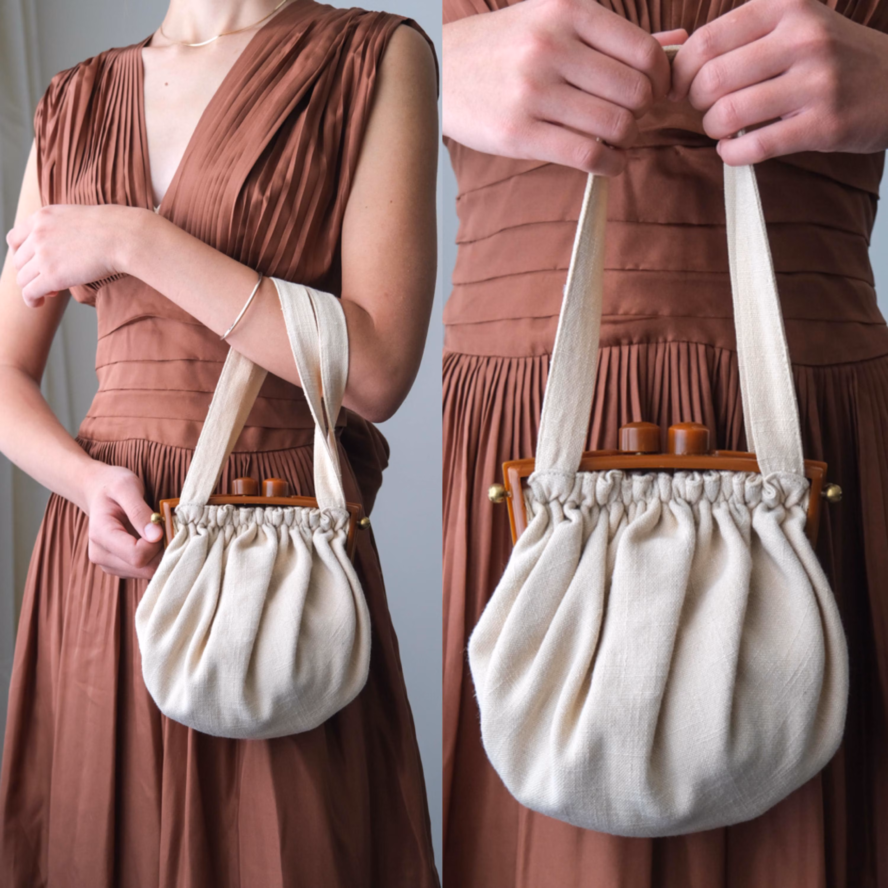 40s Vintage Washable Butcher Natural Linen Rayon Curtain Rod Handbag w/ Celluloid Frame & Solid Brass Hardware | 1940s 1950s Designer Purse