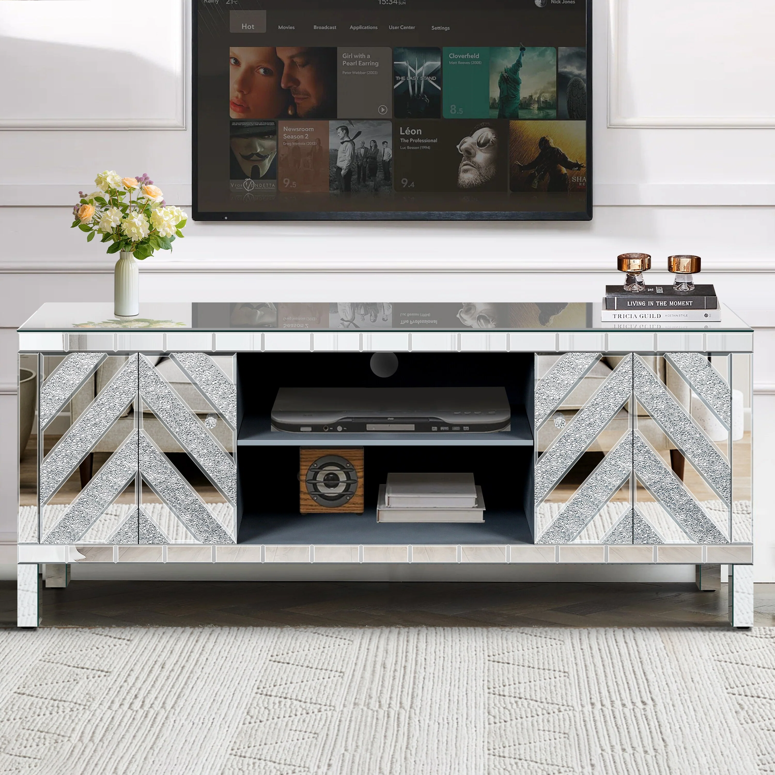 Mirrored TV Stand with Diamond Accents and Ample Storage , Modern Media Console for Living Room
