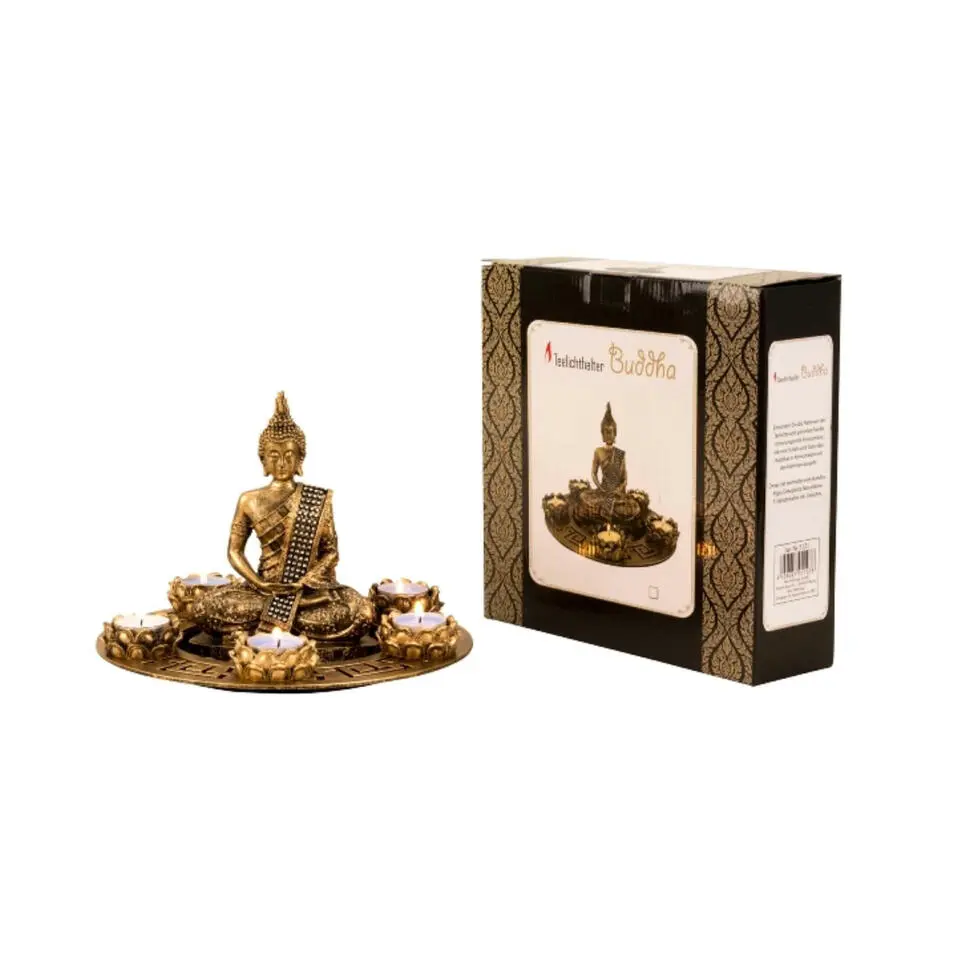 Boeddha beeldje met 5 kaarshouders op schaal - goud - 27 x 20 cm