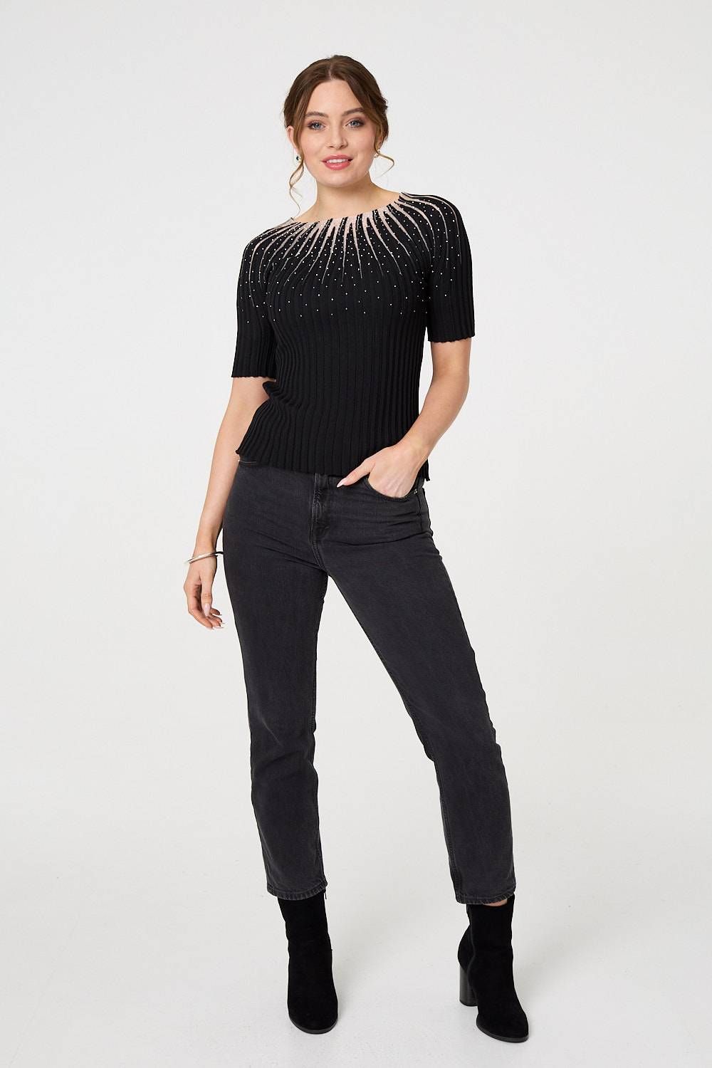 Izabel London Sequin Embellished Short Sleeve Knit Top