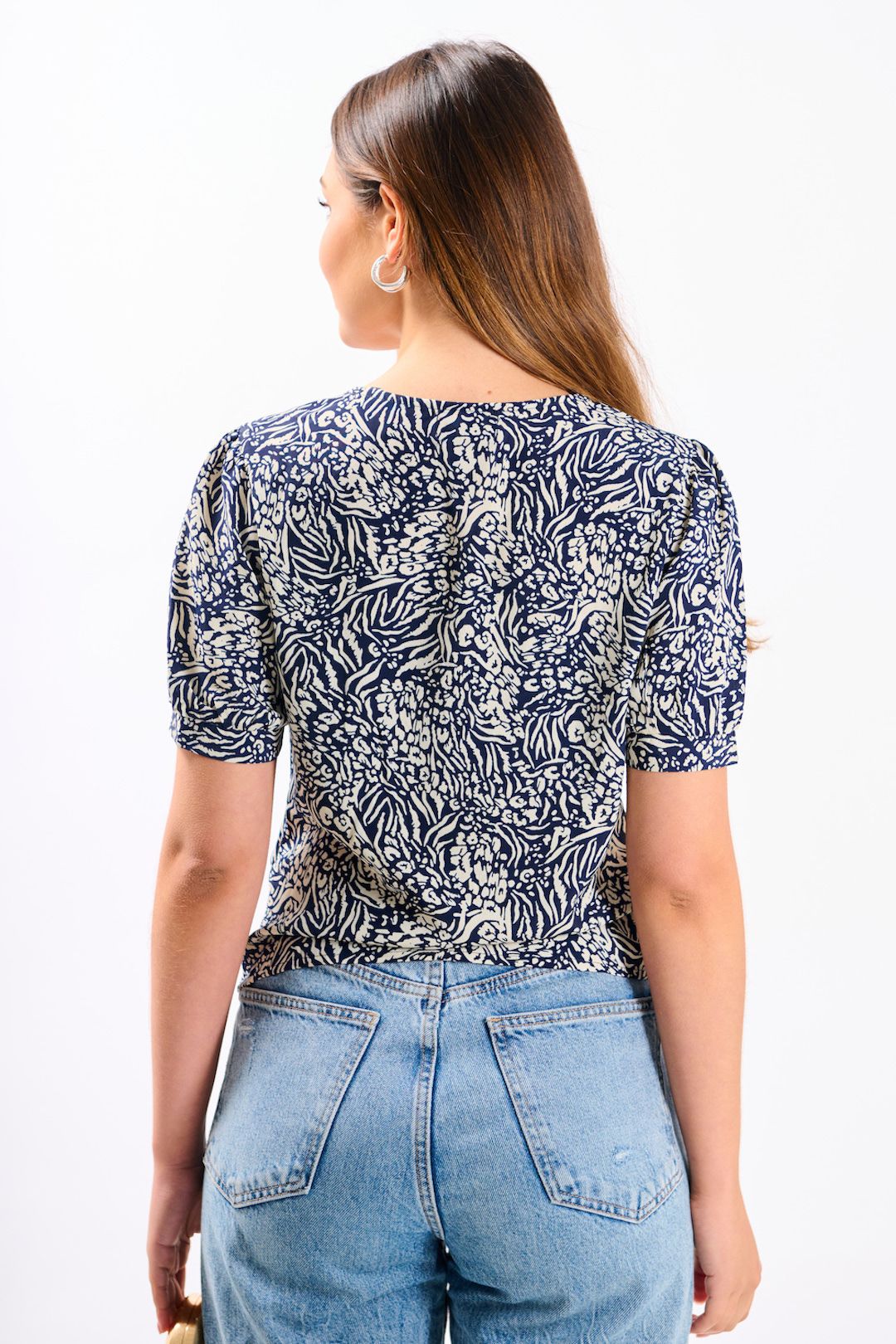 Needs No Label Navy Animal Printed Ruched Top