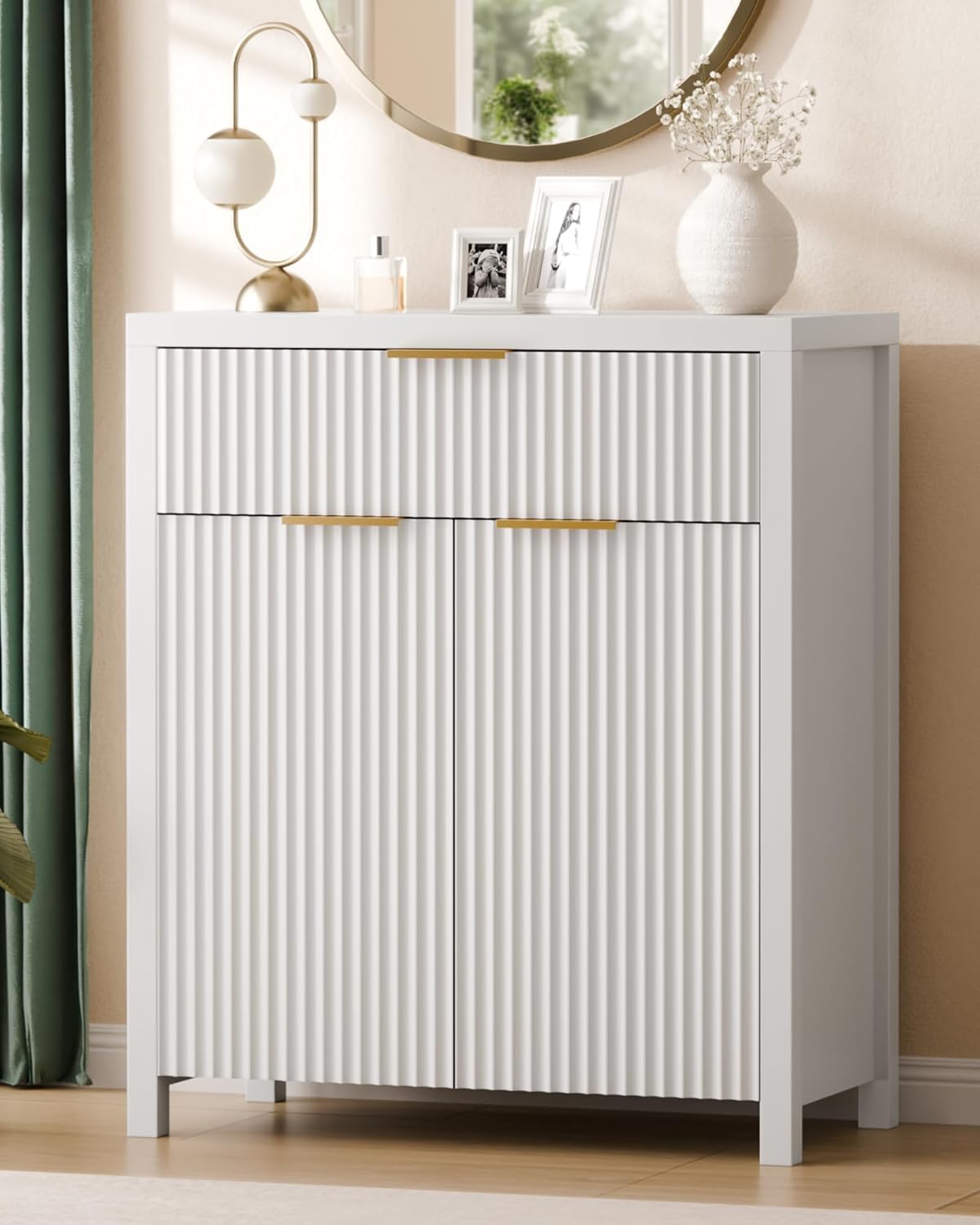 Lulive White Fluted Storage Cabinet with Drawers Buffet Sideboard Cabinet with Adjustable Shelves for Kitchen Living Room, Kitchen, Entryway