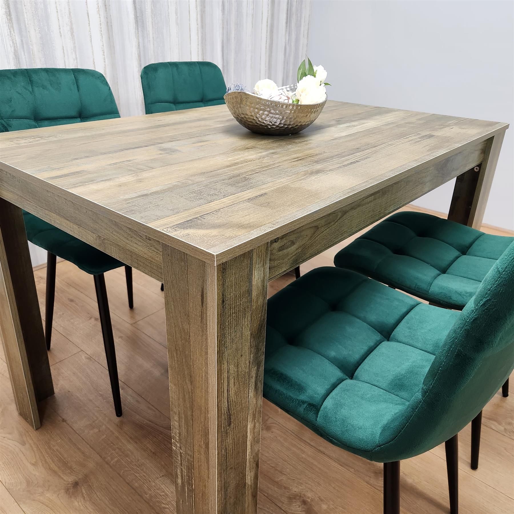 KOSY KOALA Rustic Effect Wood Dining Table Set with 4 Grey Velvet Chairs  Modern Dining Room Furniture