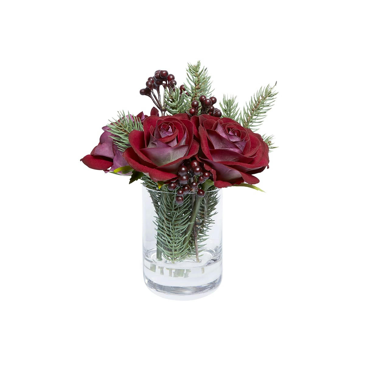 NOËL - Composition de noël roses rouges. pin et baies