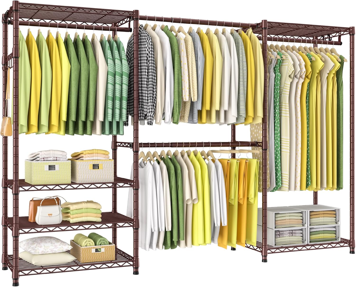 Ulif E1 Heavy Duty Closet Garment Rack, 6 Tiers Adjustable Metal Freestanding Expandable Clothing Storage with 4 Hanger Rods, Easy to Assemble Wardrobe, 71.4 H x (70 - 88.2) L x 14 D, Bronze