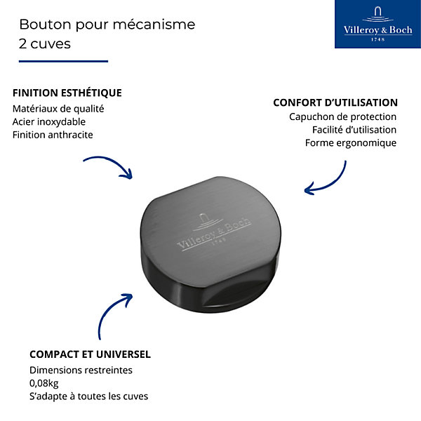 Bouton pour mécanisme 2 cuves, VILLEROY &BOCH en acier inoxydable finition anthracite