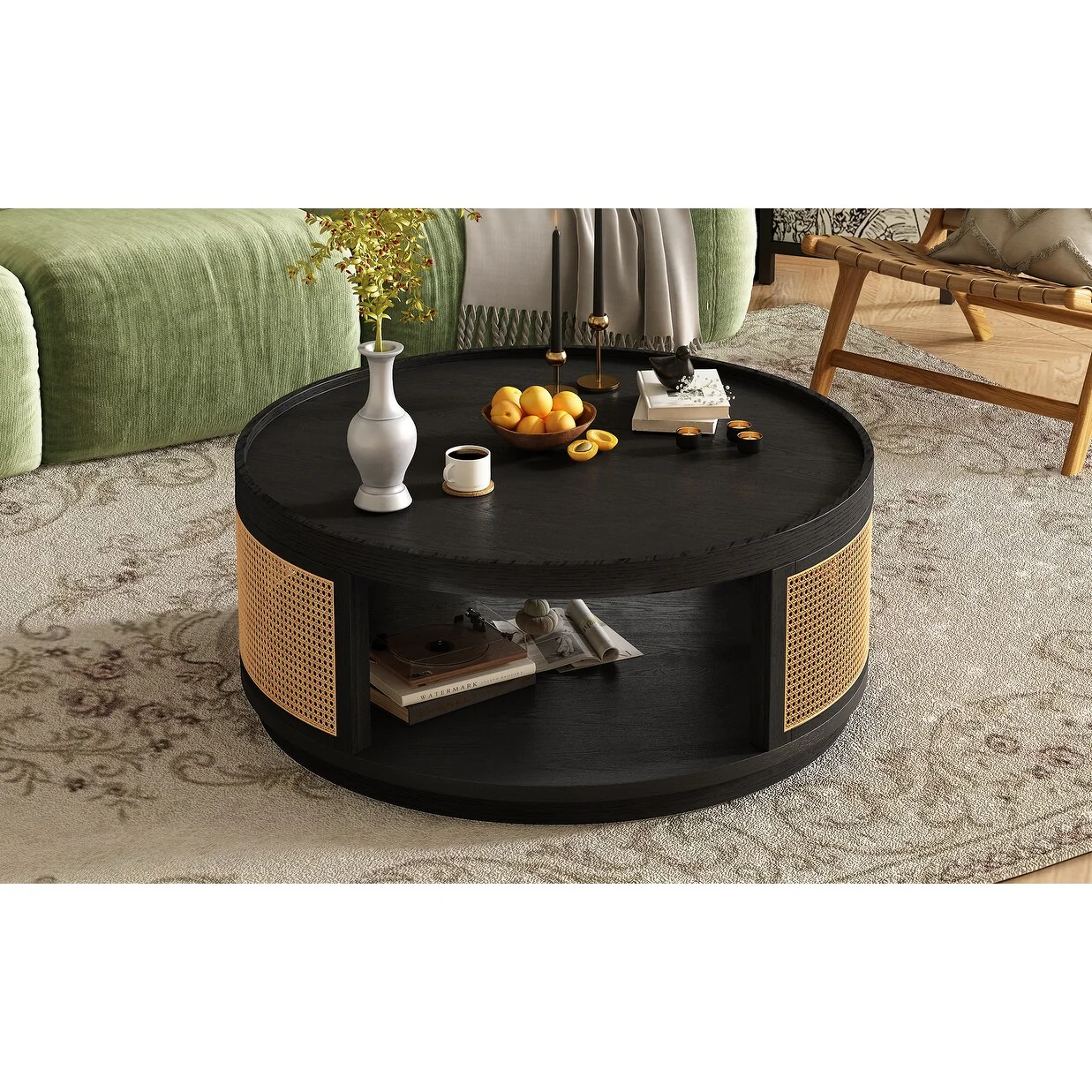 Wooden Mid-Century Modern Coffee Table, Round Cane Coffee Table With Pe Rattan Side