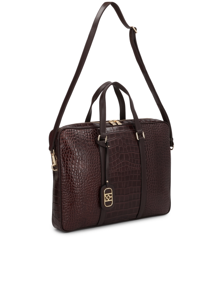 Embossed brown leather laptop bag