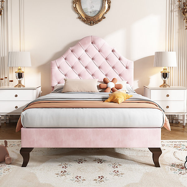 Lit 90x200 cm tapissé velours rose avec tête réglable, lattes en bois et pieds 20 cm, design élégant