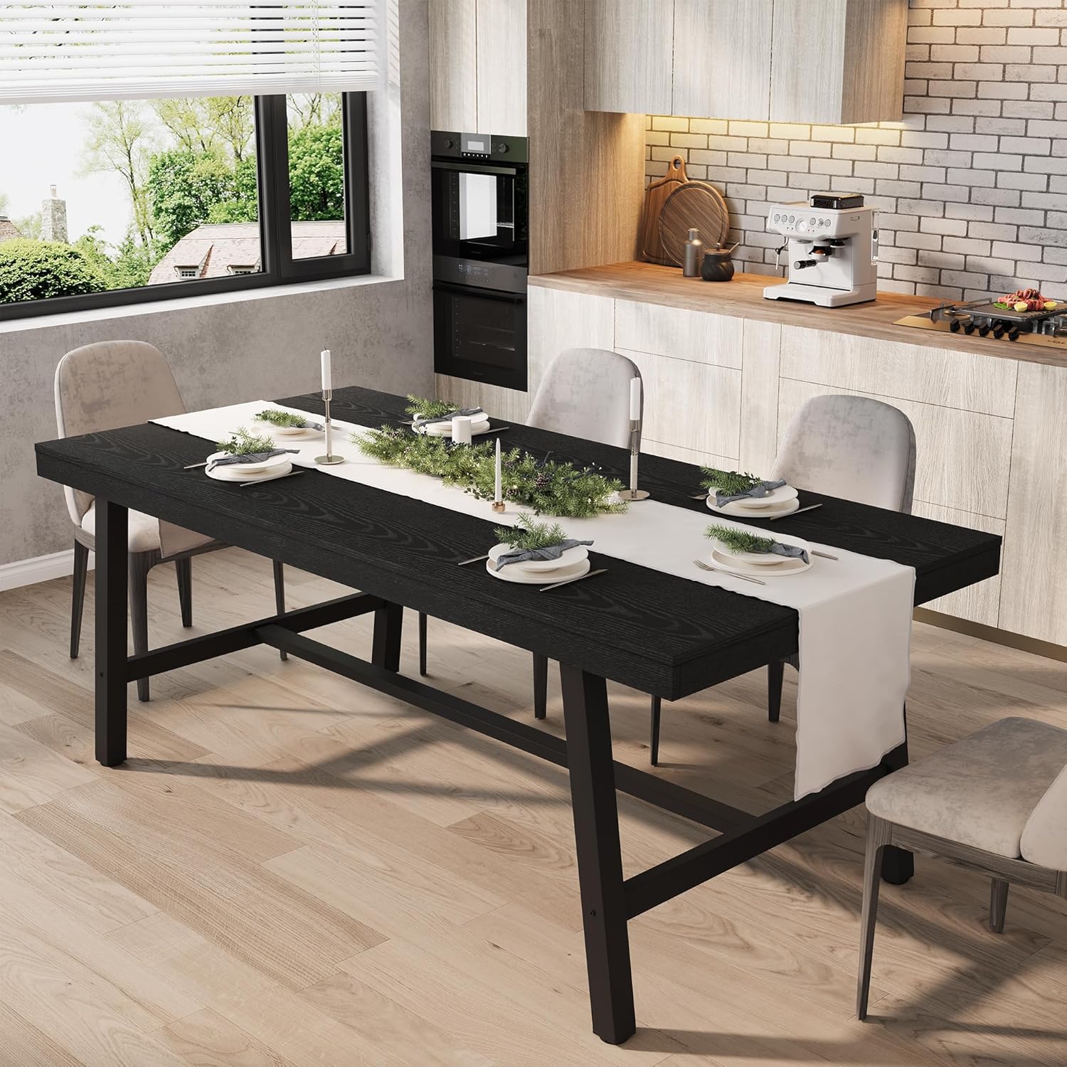 GarveeHome Industrial Dining Table for 6-8 People, 70.87 Long Large Kitchen Table with Sturdy Metal Frame, Rectangular Counter for Dinner, Kitchen, Dining Room (Black, 71 Non-extendable)