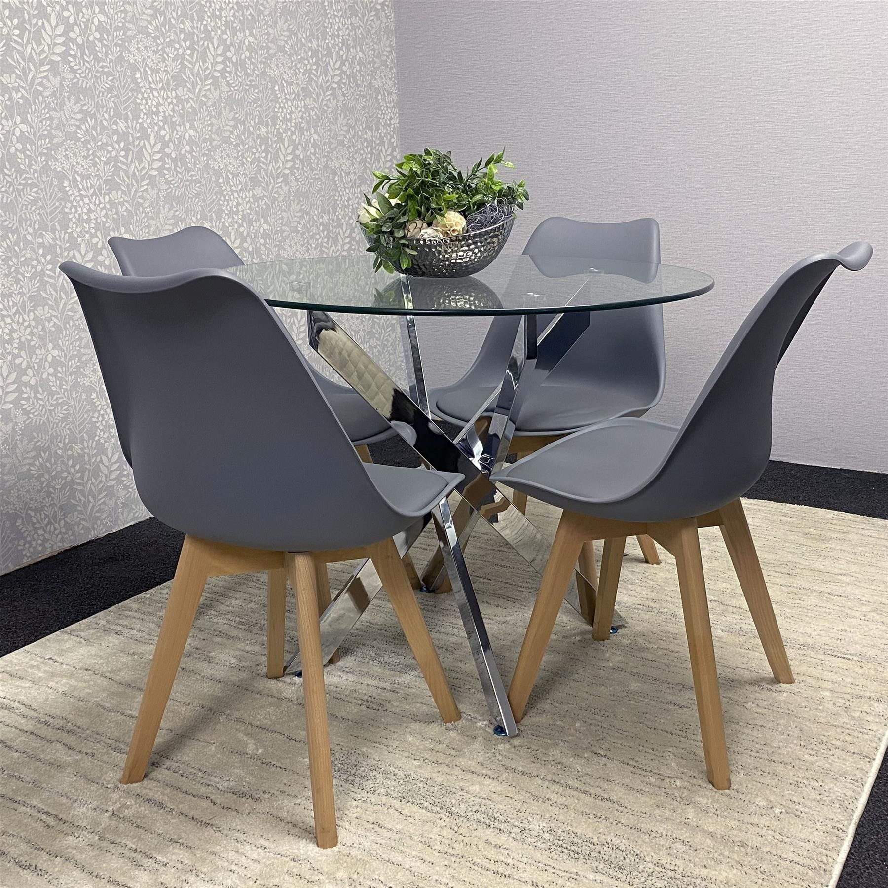 KOSY KOALA Round Glass Dining Table Set With 4 Grey Plastic Chairs