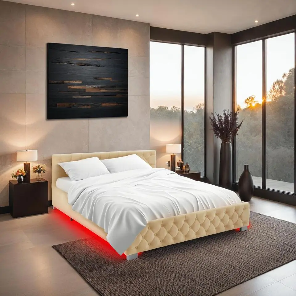 tectake Gestoffeerd bed met LED & opbergruimte, 180 x 200 cm, Beige
