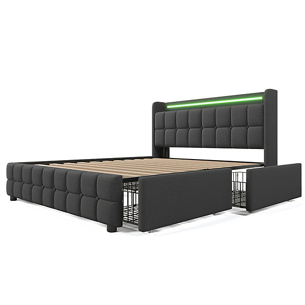 Lit rembourré 140x200cm lit de rangement lit 4 tiroirs lit éclairage led lit sommier à lattes en bois lit double lin gris