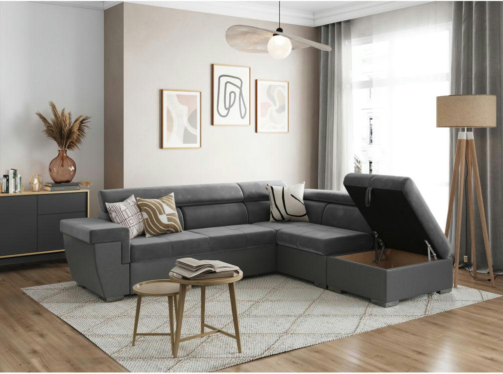 INAYA - Canapé d'angle droit convertible avec coffre bi-matière - Gris