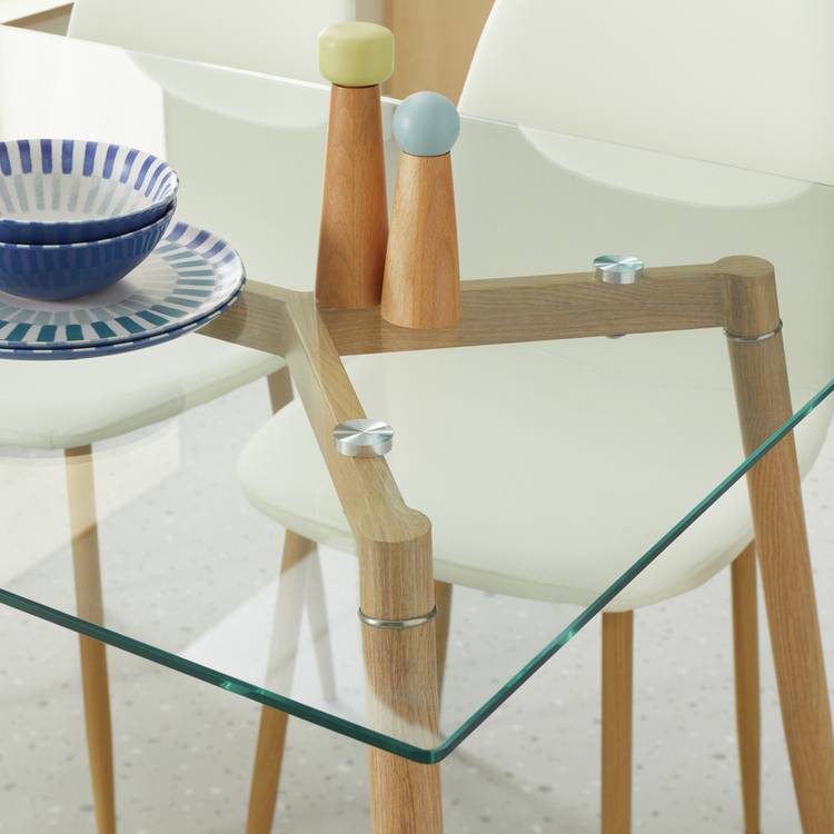Habitat Beni Glass Oak Dining Table & 4 White Chairs