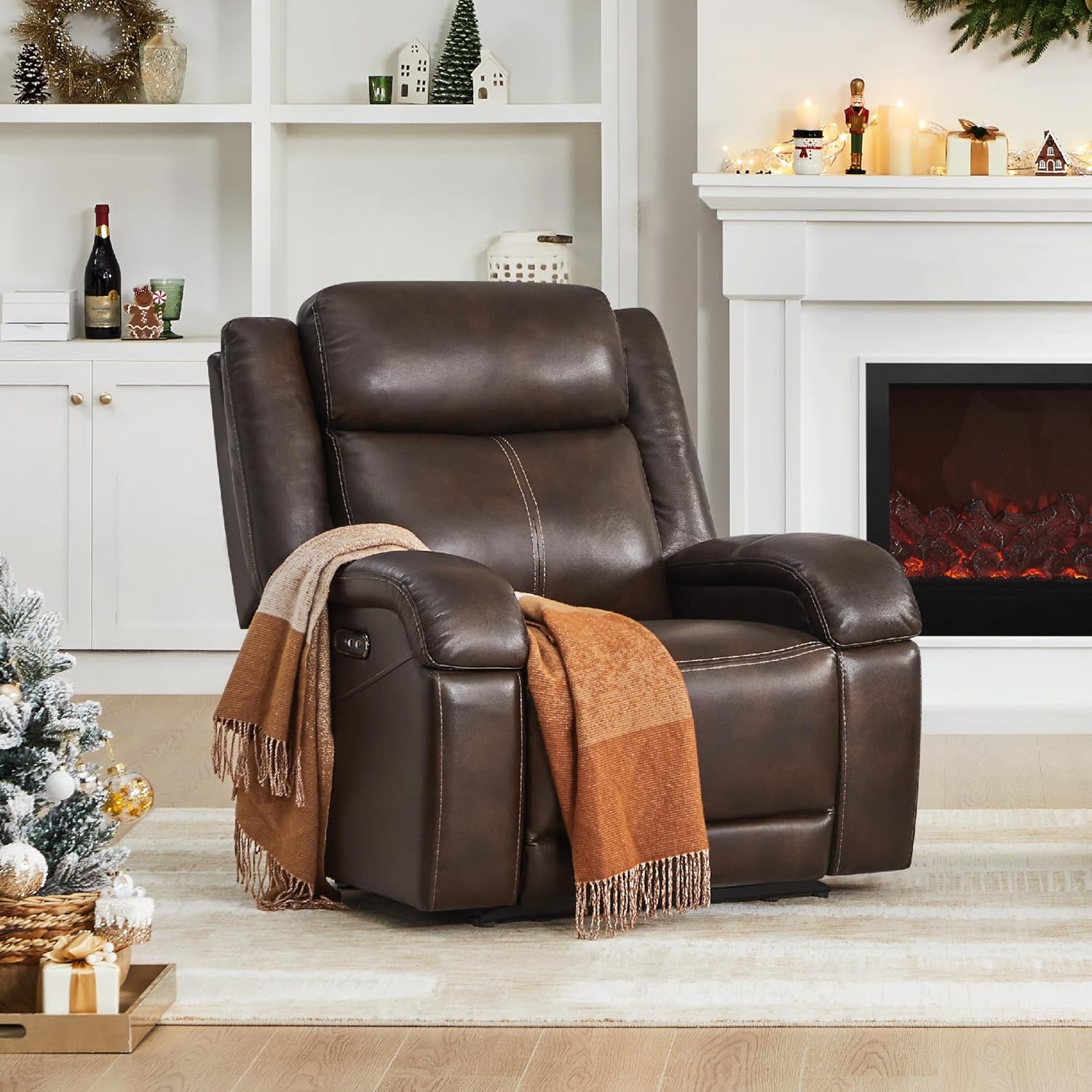 Watson & Whitely Genuine Leather Power Recliner Chairs for Adults, Wall Hugger RV Recliner with Power Headrest & Charging Ports, Electric Recliner Sofa Chair for Living Room, Dark Brown