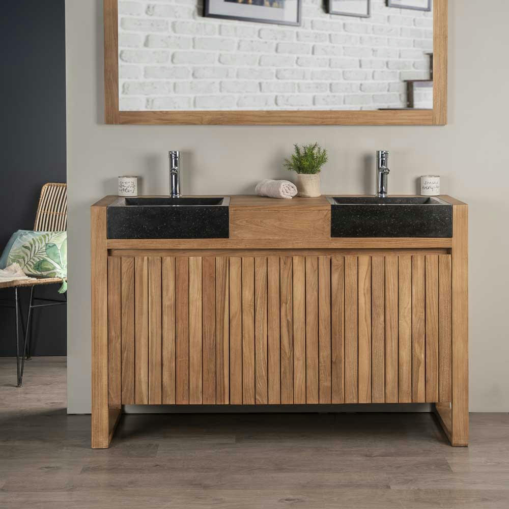 - Meuble salle de bain en teck et vasques noir L140cm