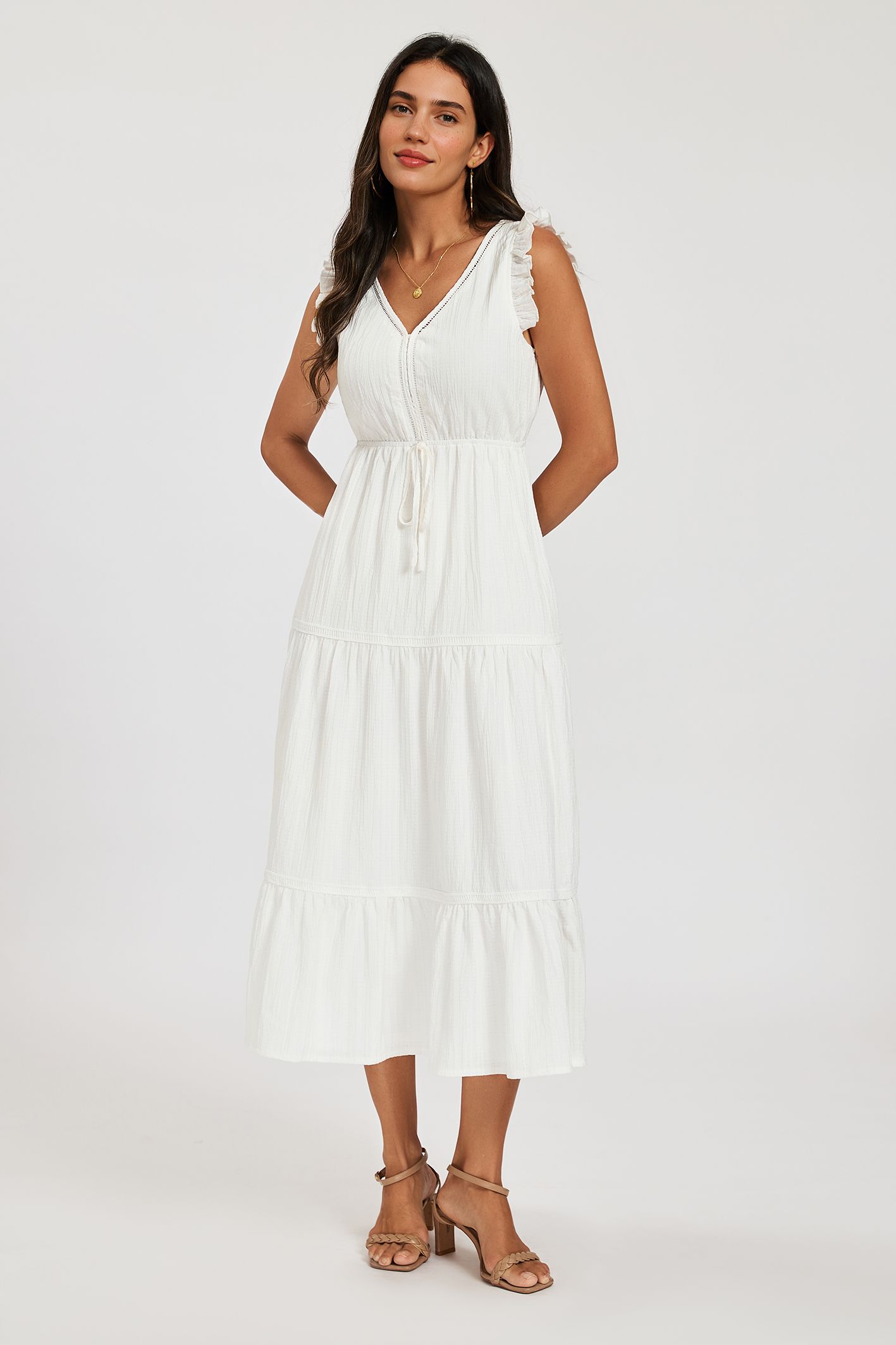 FS Collection Frill Sleeve Lace Detail Midi Dress