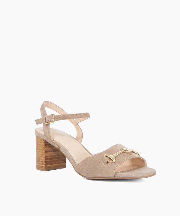 Jayar Taupe - Suede Snaffle Trim Block Heel Sandals