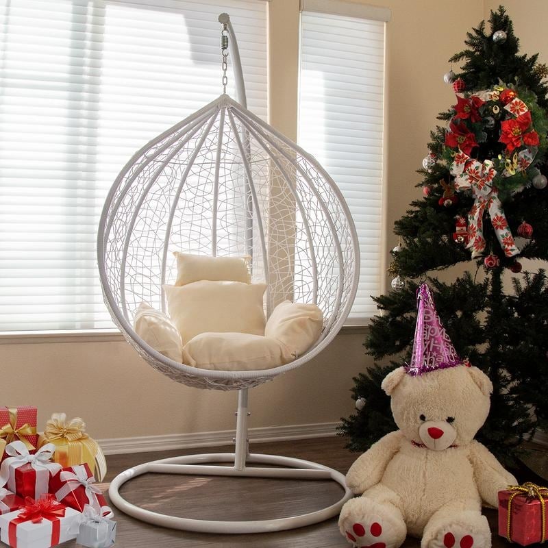 Modern Wicker Rattan Patio Hanging Swing Chair with Metal Stand and Cushion