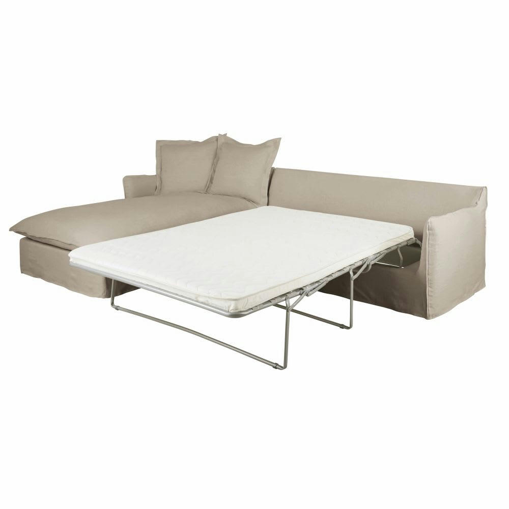 Barcelone - Canapé d'angle gauche convertible 5/6 places en lin supérieur beige, matelas 6 cm