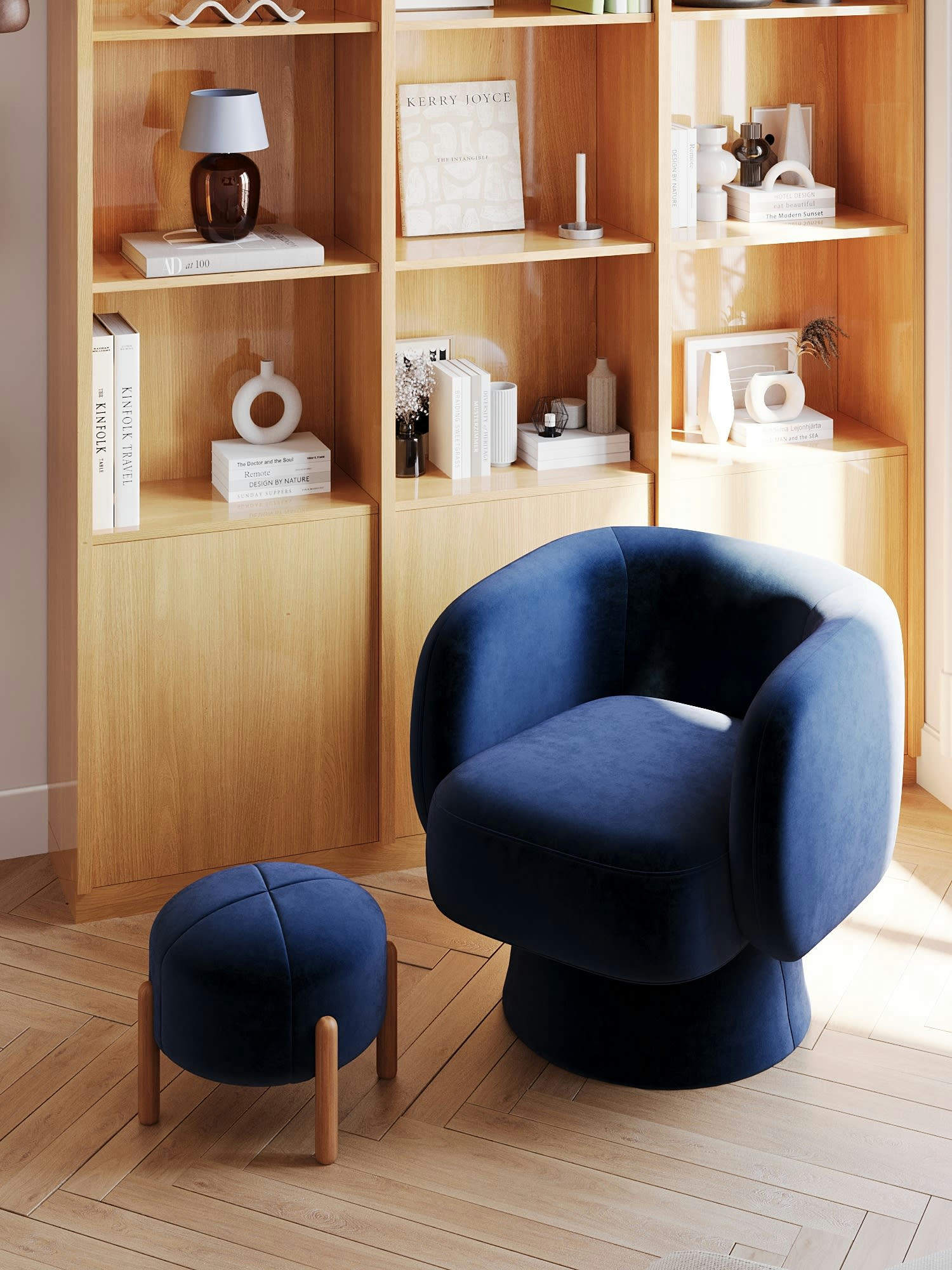 CAMELIA - Pouf rond en velours bleu marine & bois