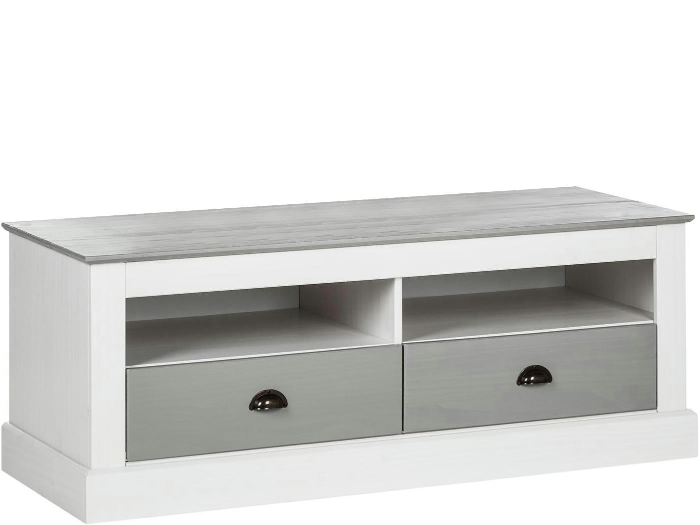 TOBY - Meuble TV avec 2 portes en pin blanc et gris
