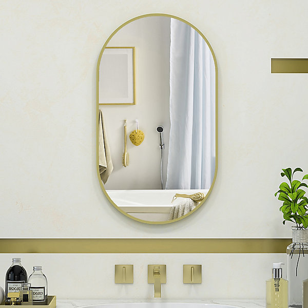 Miroir mural ovale dim. 40L x 70H cm cadre arrondi montage vertical/horizontal alu. doré