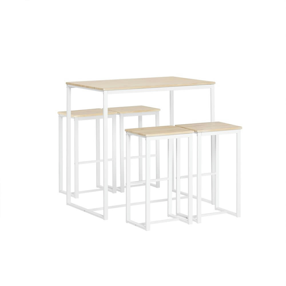 - Set de 1 table et 4 tabourets de bar effet bois et métal blanc