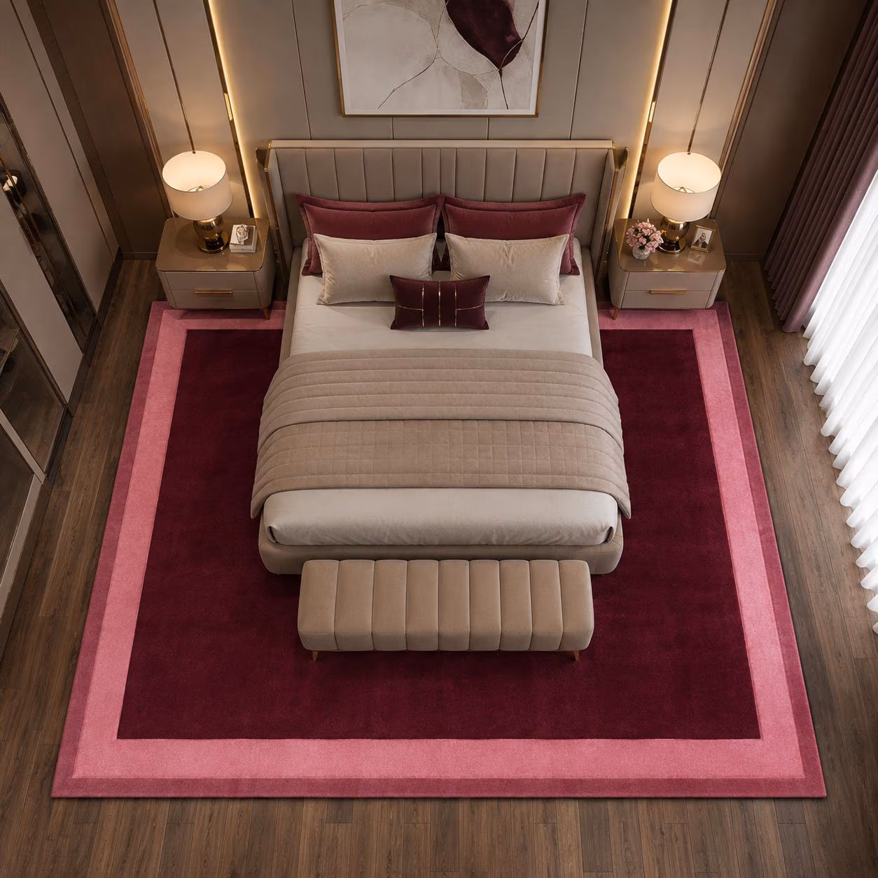 Burgundy Pink Area Rug, Luxury Office Rug, Maroon Rectangle Carpet, Elegant Modern Home Decor Rug,
