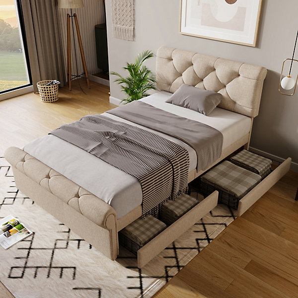 Lit simple 90x200 cm - Lit simple capitonné avec 2 Tiroirs et Rangement, Matelas Inclus, Gris