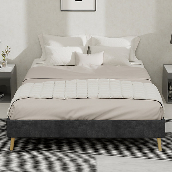Lit Double 140x200 cm - Lit Adulte/Ado Moderne Style Minimaliste Sans Tête de Lit ni Matelas, Cadre Métal, Velours, Gris