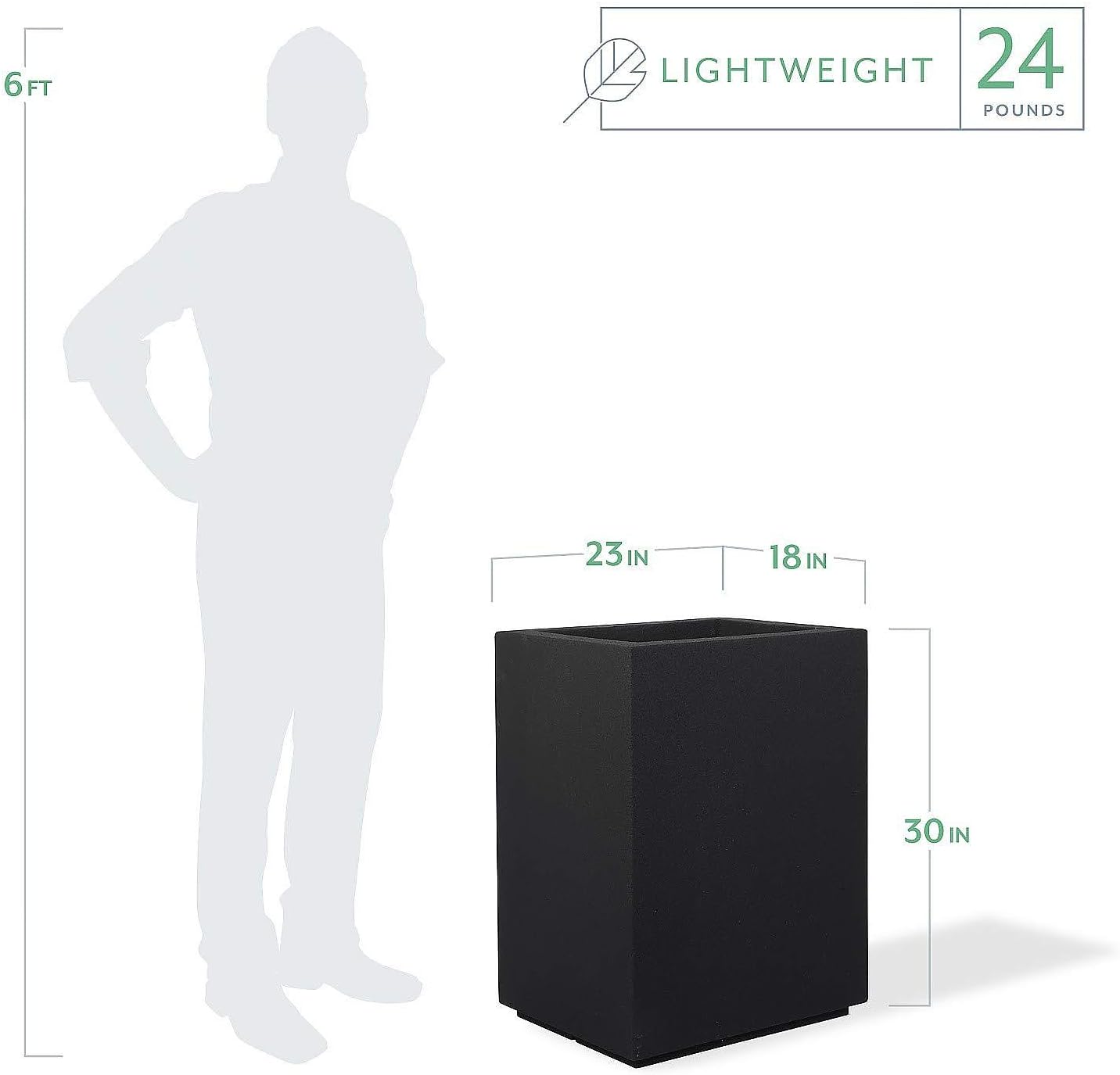 PolyStone Cozumel Tall Modern Outdoor/Indoor Column Planter  18 L x 23 W x 30 H  Lightweight  Heavy Duty  Weather Resistant  Polymer Finish  Commercial Grade and Residentia (Black)