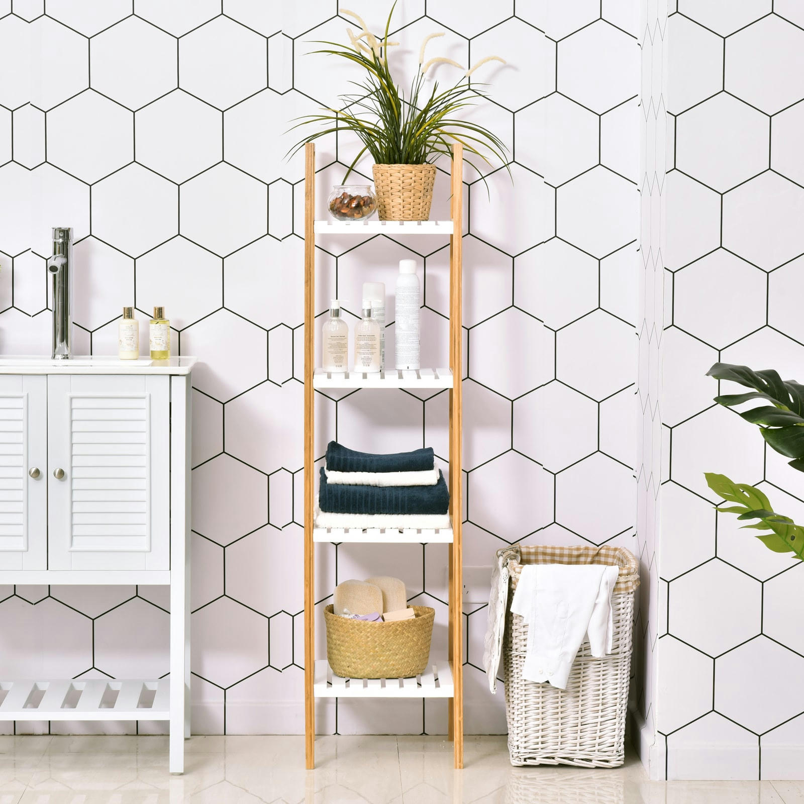 - Etagère salle de bain bambou 4 niveaux bois pin blanc