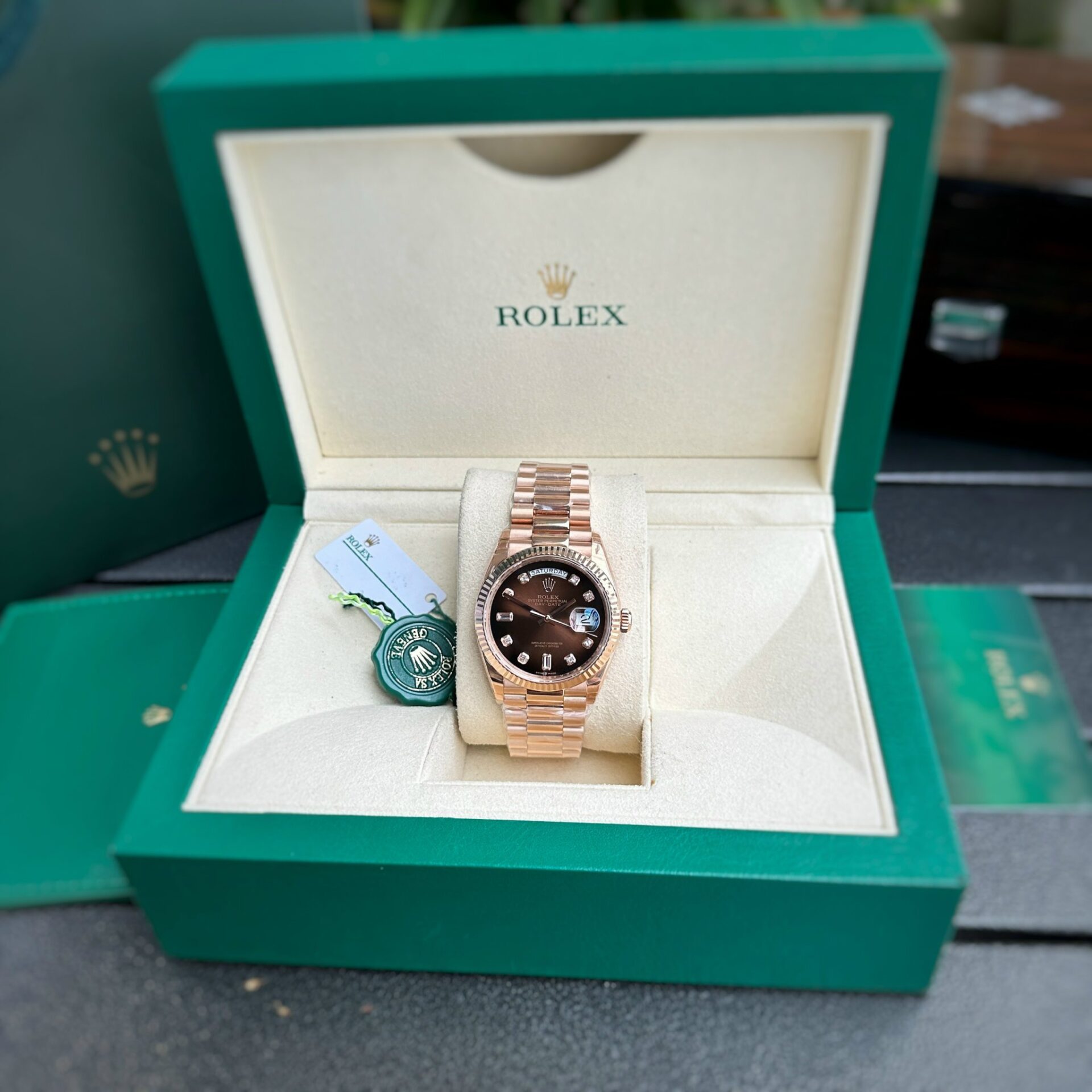 Rolex Day-Date RG Plated Chocolate Dial Diamonds 36mm Replica