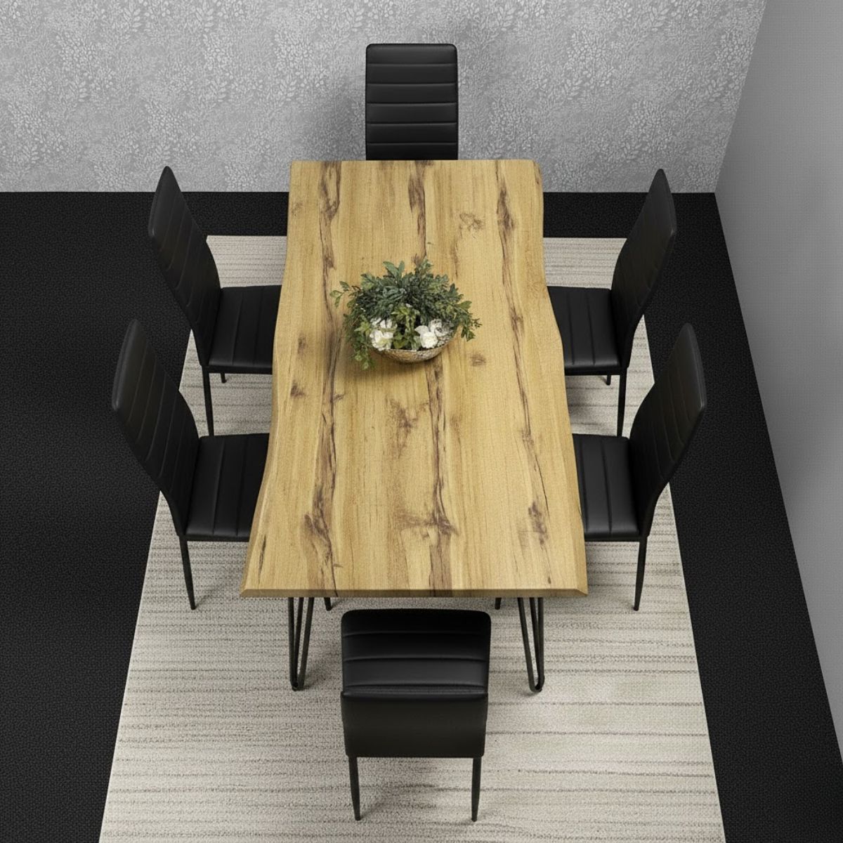 KOSY KOALA Modern Dining Table Set and 6 Black Faux Leather Chairs