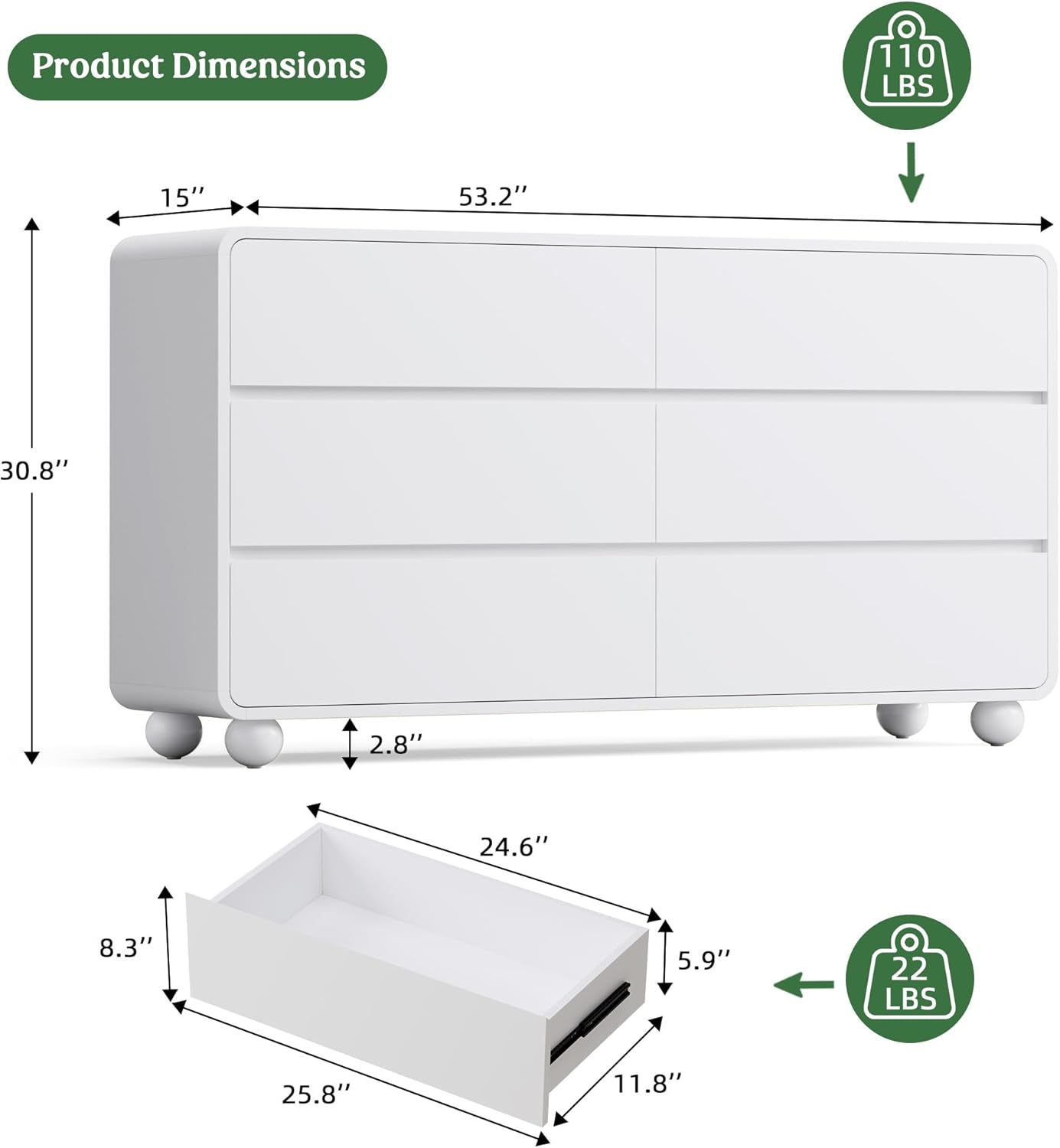 Lulive Wood Dresser for Bedroom, 53” Wide Chest of Drawers with 6 Drawers, Modern Closet Storage Drawer with Curved Profile Design for Living Room, Hallway, Entryway, White