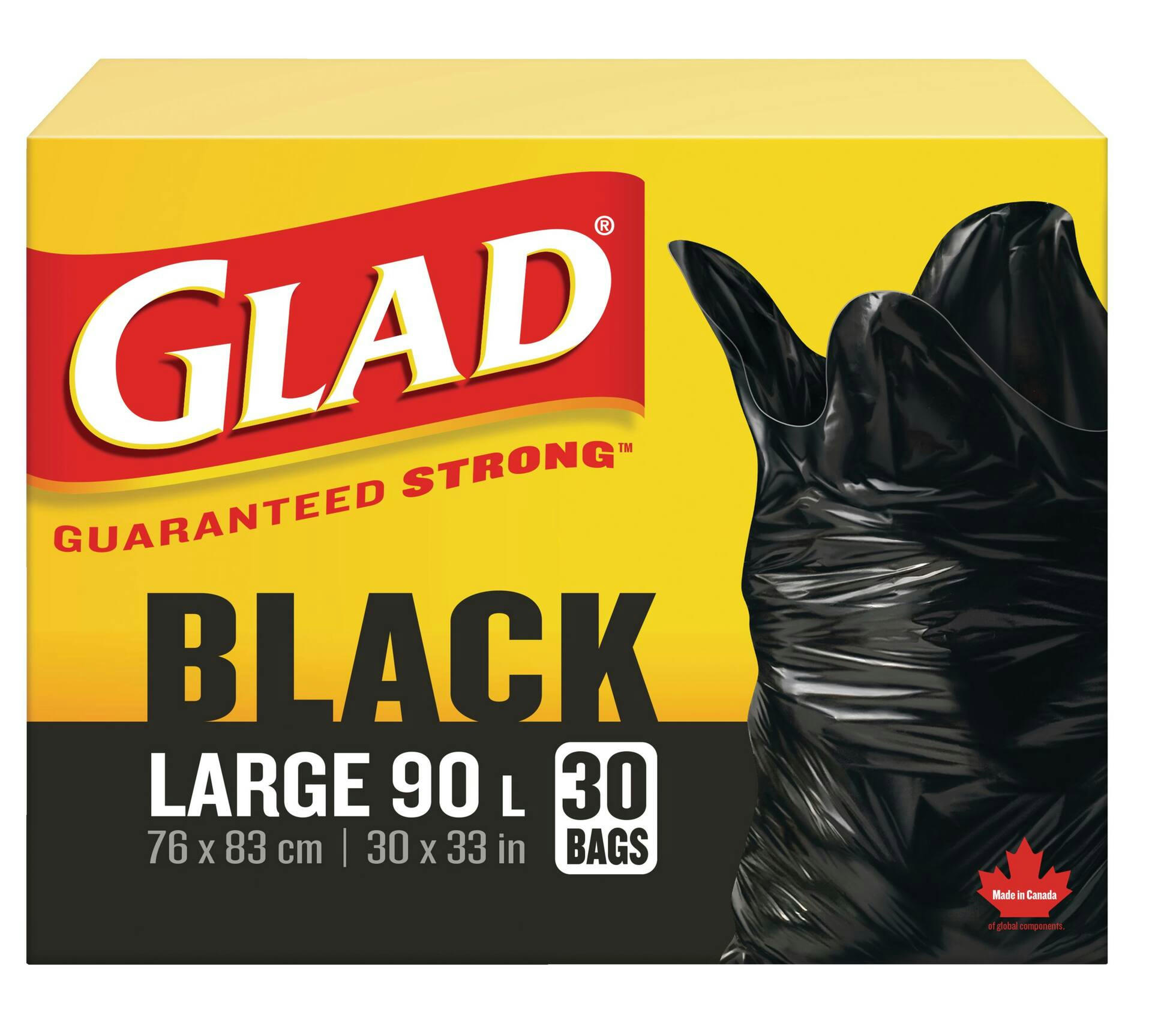 Glad Large Easy-Tie Flap Indoor/Outdoor Garbage Bags, 30-pk, Black, 90-L