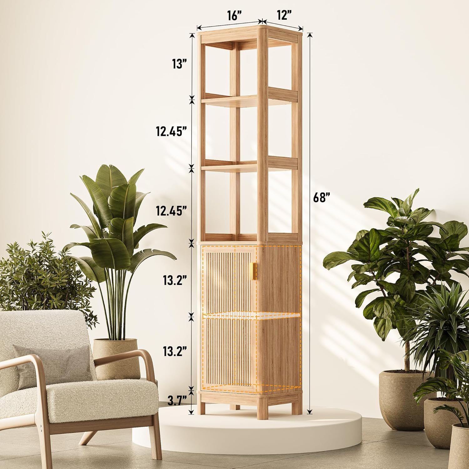 INNOD 68'' Tall Narrow Storage Cabinet with Adjustable Shelf and Door, Bathroom Storage Cabinet, Space Saver for Bathroom, Kitchen, Living Room, Natural Oak