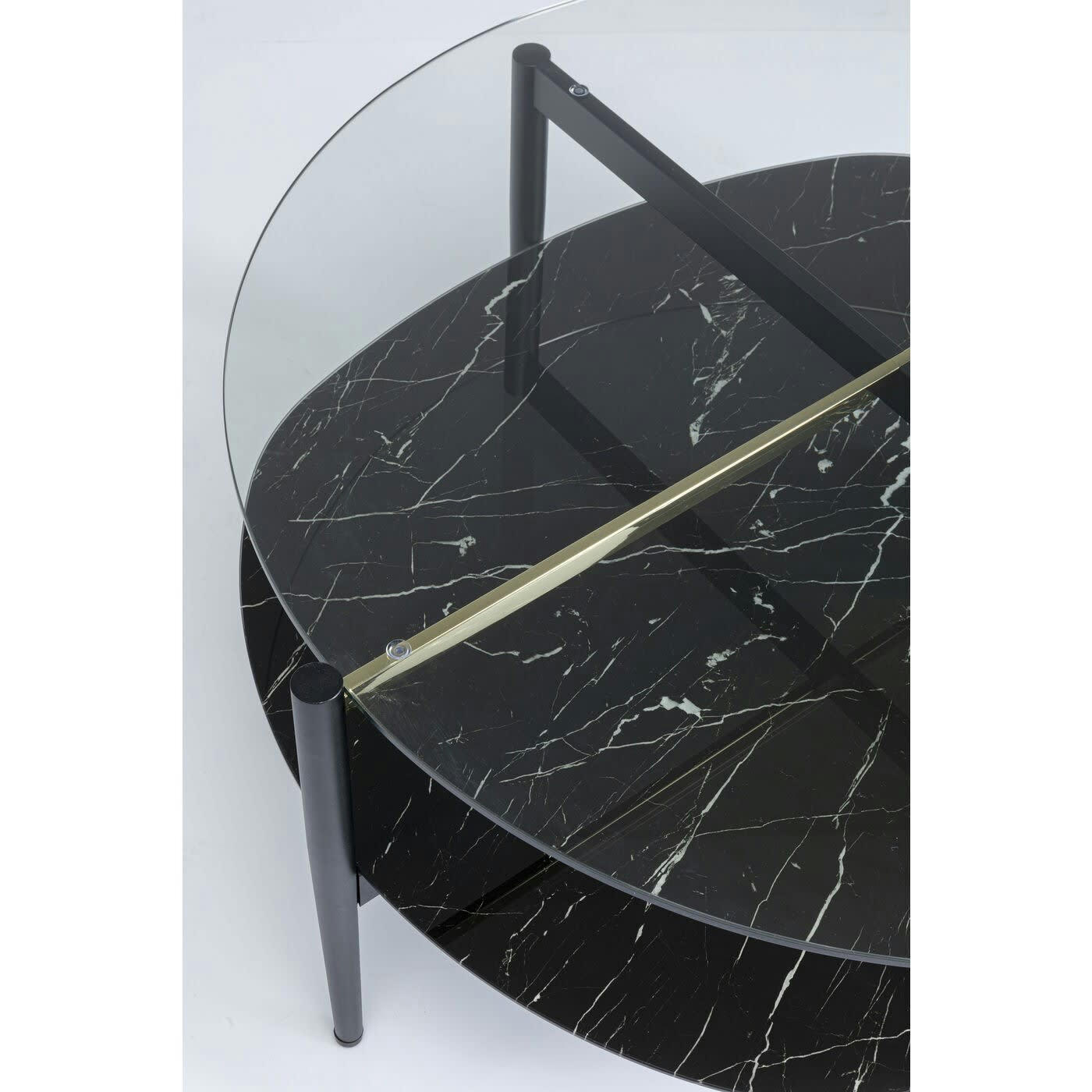 - Table basse en verre effet marbre noir et acier