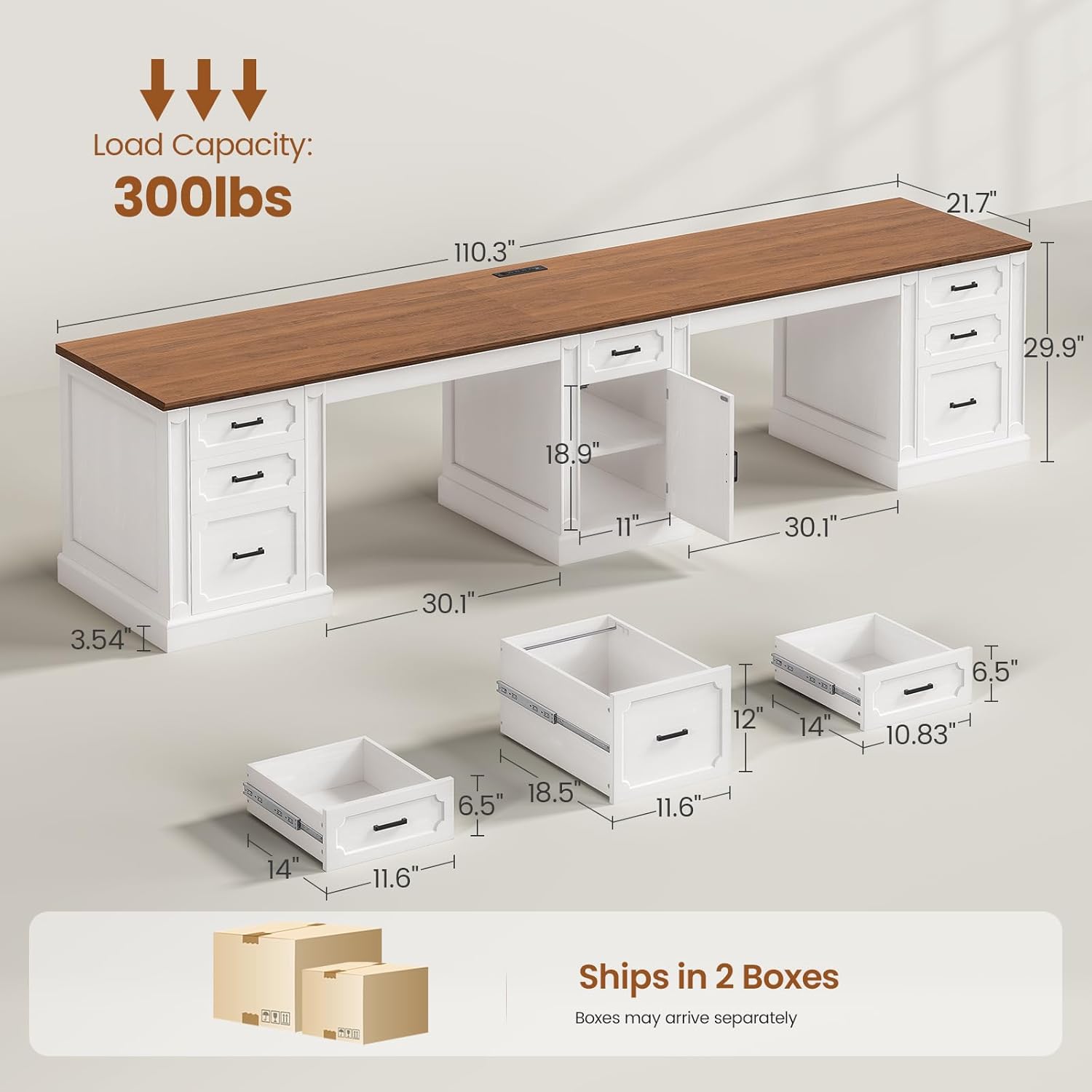 SEDETA Farmhouse 110.3 Two Person Desk with 7 Drawers, Long Computer Desk with Storage Cabinet, 2 Person Desk with Power Outlets for Home Office, White