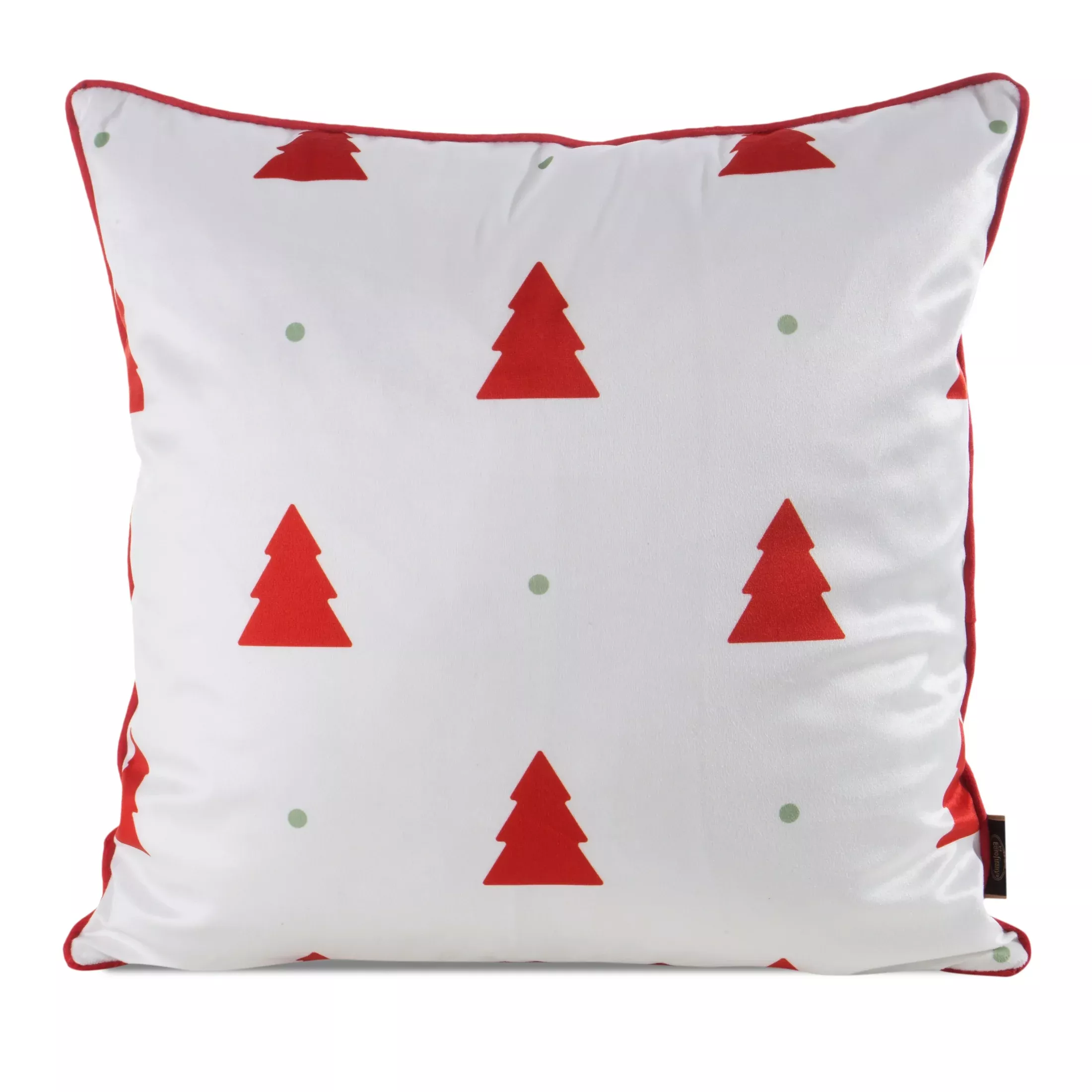 Poszewka na poduszkę świąteczna 45x45 cm biało, czerwona zdobiona nadrukiem choinek i elegancką wypustką