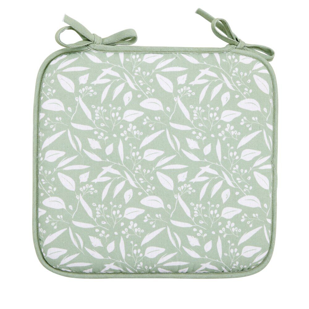 Galette de chaise carrée à nouettes motifs feuillage 36x38cm (2 modèles vert ou beige)