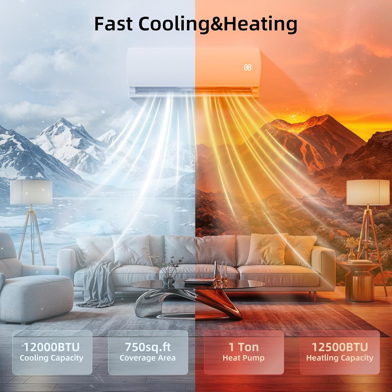 MEPTY 12000BTU Mini Split AC/Heating System, 19 SEER2 Energy Efficient Mini Split Air Conditioner with Heat Pump, Cools Up to 750sq.ft, Ductless Inverter AC Unit with Pre-Charged Condenser