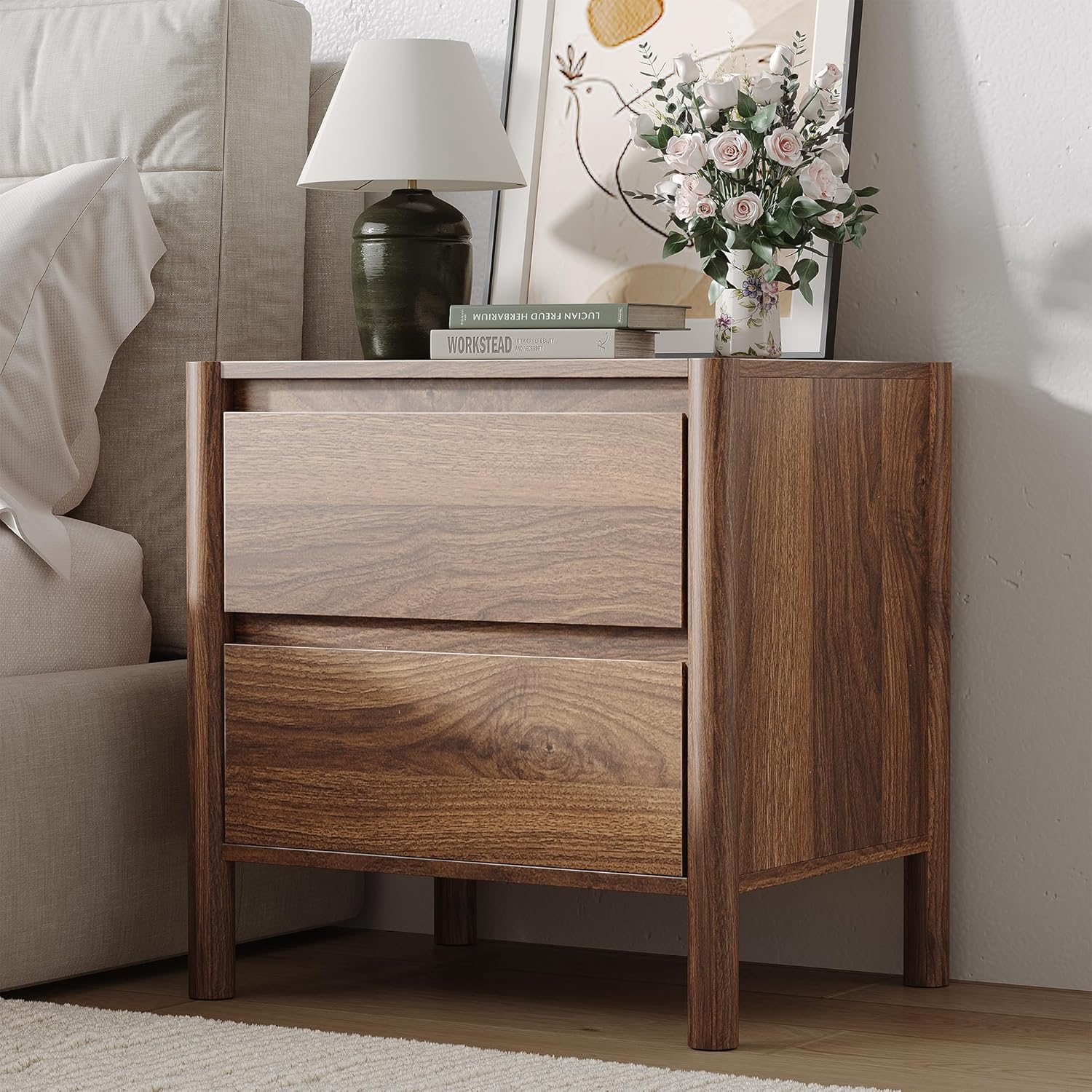 CHUWELL Mid Century Nightstand Set of 2 - Bedside Table with 2 Drawers and 4 Sturdy Solid Wood, End Table for for Bedroom (Walnut)
