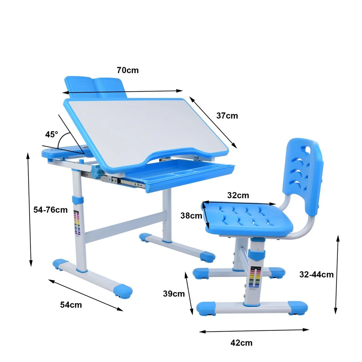 Height Adjustable Study Desk And Chair Set Pull Out Drawer With Tilted Desktop